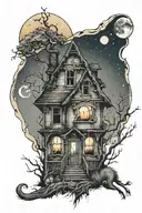 abandoned house with moon tattoo design idea
