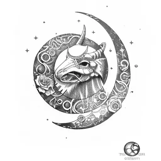 crescent moon in a steampunk style incorpirating the Aries and Virgo zodiac tattoo design idea