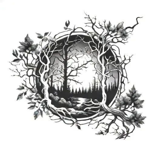 A sleeve tattoo for a man, featuring a dense, detailed forest with twisted branches, centered around a bright full moon  tattoo design idea