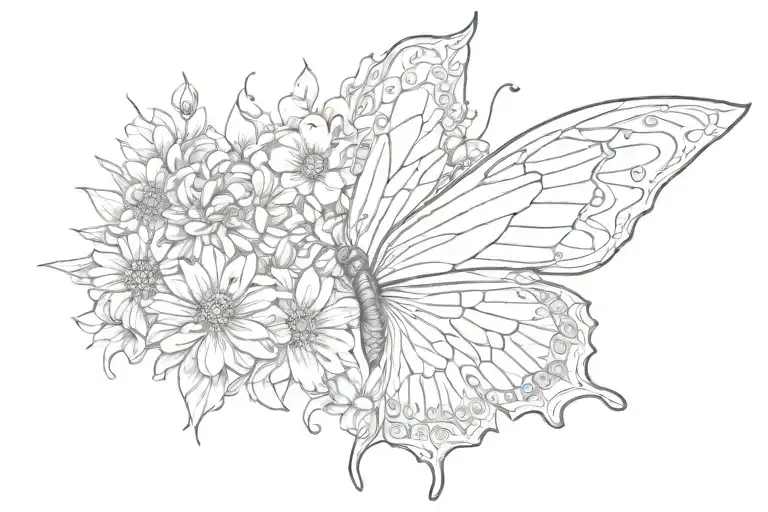 butterfly, half wings flying, half wings made of flowers tattoo design idea