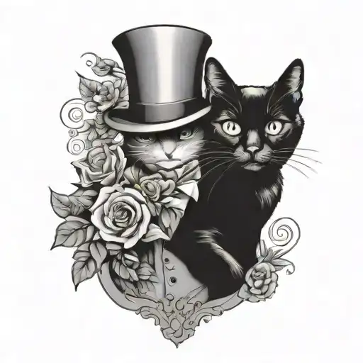 black cat with a tuxedo and a high top hat and some flowers black and white tattoo design idea