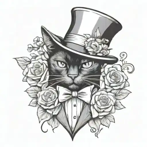 black cat with a tuxedo and a high top hat and some flowers  tattoo design idea