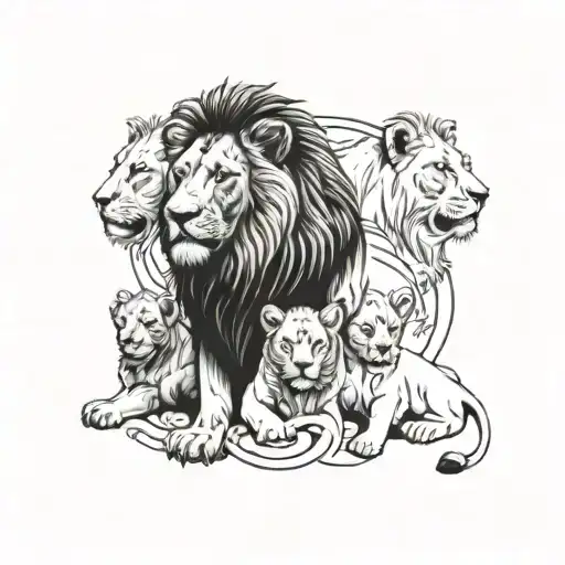 a male and female lion with two female cubs and the letters E A S T tattoo design idea