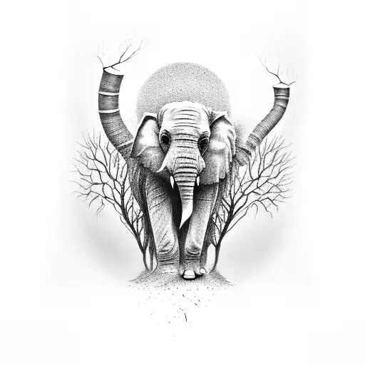 sleeve of a tree roots creating negative space elephant head and branches creating negative space owl grayscale  tattoo design idea