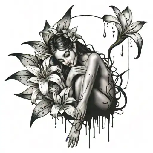 fairy sitting, lilies, rain drops tattoo design idea