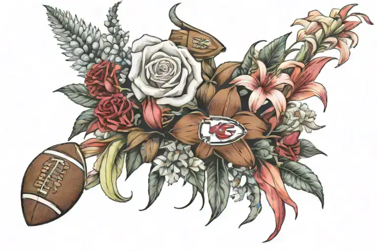 A bouquet of roses and star gazer lilies arranged around a football and a Kansas City Chiefs logo, showcasing your favorite things tattoo design idea