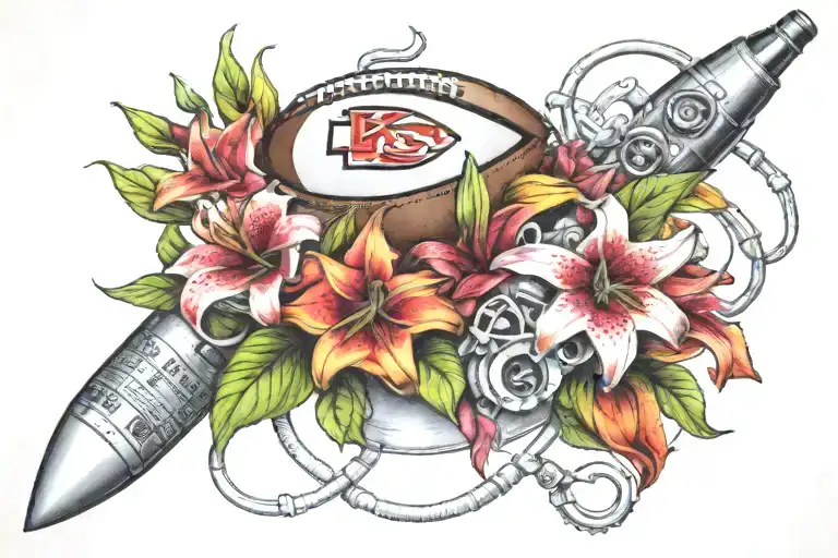 A bouquet of roses and star gazer lilies, a football with Kansas City Chiefs logo, a stethoscope tattoo design idea