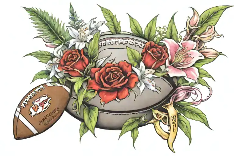 A bouquet of roses and star gazer lilies arranged around a football and a Kansas City Chiefs logo, showcasing your favorite things tattoo design idea