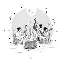 A group of friends sitting around a bonfire playing musical instruments, with black smoke rising into the night sky tattoo design idea