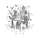 A group of friends sitting around a bonfire playing musical instruments, with black smoke rising into the night sky tattoo design idea