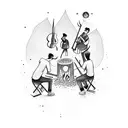 A group of friends sitting around a bonfire playing musical instruments, with black smoke rising into the night sky tattoo design idea