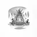 A group of friends sitting around a bonfire playing musical instruments, with black smoke rising into the night sky tattoo design idea