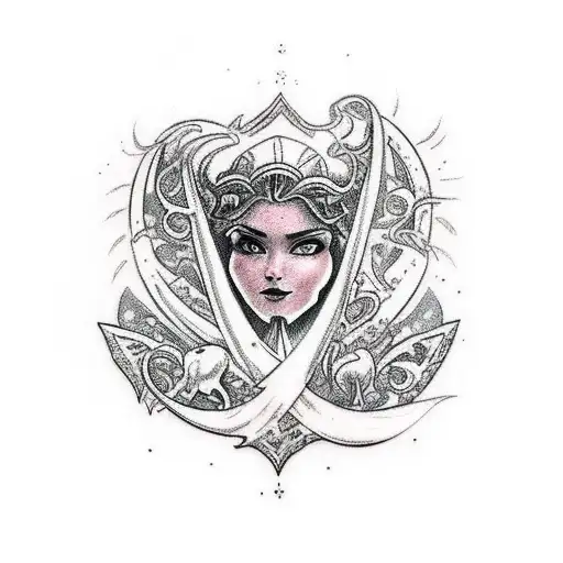 An intricate design of a romantic scene from a fantasy novel, featuring elements of darkness and adventure, in a traditional style tattoo design idea