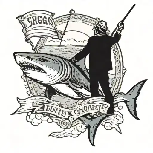 A silouhette of a man holding up a shark with a Fishing pole with a banner in memory underneath the silhouette  tattoo design idea