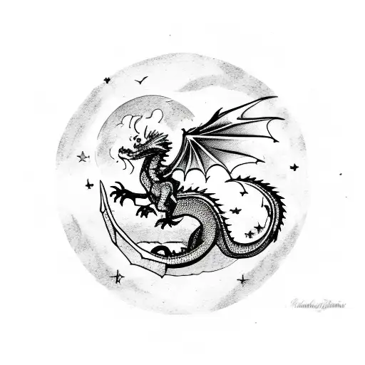 Dragon silhouette against a moonlit night sky tattoo design idea