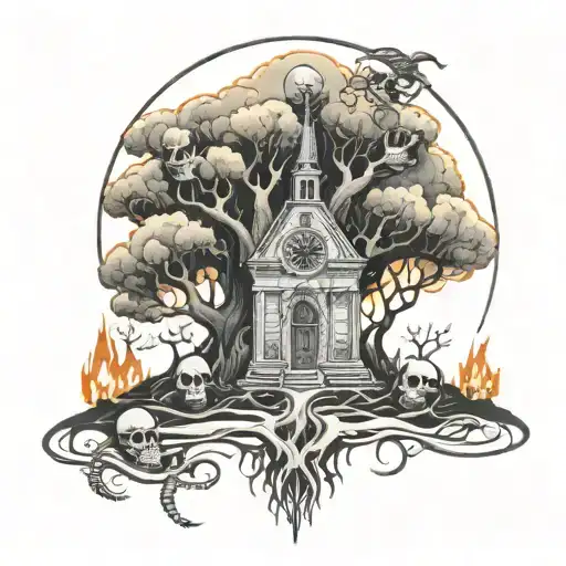 tree of life burning church surrounded by skeletons tattoo design idea