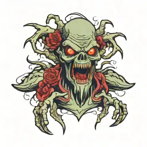 monster with ten arms outstretched wings in front view zombie head tattoo tattoo design idea