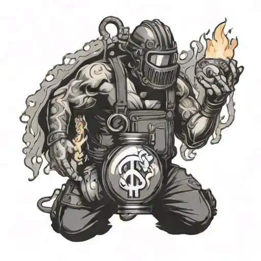 A pipefitter welder holding a flaming money bag, with heaven and hell symbols in the background tattoo design idea