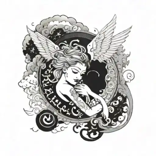 A female angel and devil embracing in a yin-yang pattern, surrounded by swirling clouds representing heaven and hell tattoo design idea