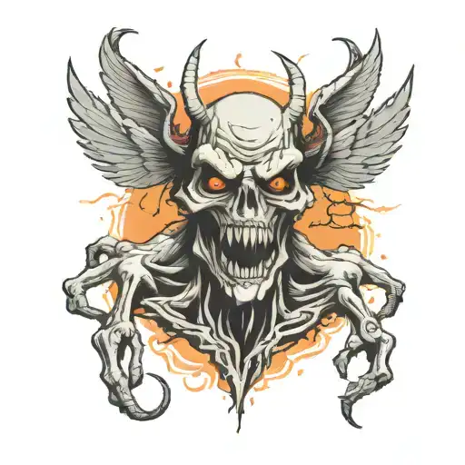 monster with ten arms outstretched wings in front view zombie head tattoo tattoo design idea