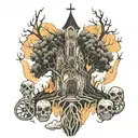 tree of life burning church surrounded by skeletons tattoo design idea