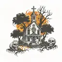 tree of life burning church surrounded by skeletons tattoo design idea