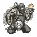 A pipefitter welder holding a flaming money bag, with heaven and hell symbols in the background tattoo design idea
