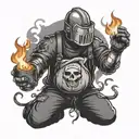 A pipefitter welder holding a flaming money bag, with heaven and hell symbols in the background tattoo design idea