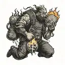 A pipefitter welder holding a flaming money bag, with heaven and hell symbols in the background tattoo design idea