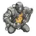 A pipefitter welder holding a flaming money bag, with heaven and hell symbols in the background tattoo design idea