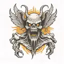 monster with ten arms outstretched wings in front view zombie head tattoo tattoo design idea