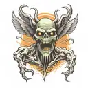 monster with ten arms outstretched wings in front view zombie head tattoo tattoo design idea