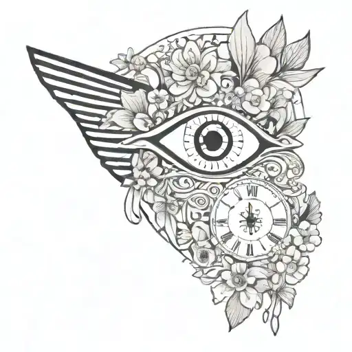 a clock with an arrangement of flowers and an eye from Egypt with feminine features tattoo design idea