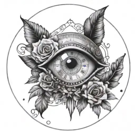 a clock with an arrangement of flowers and an eye from Egypt with feminine features tattoo design idea