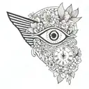 a clock with an arrangement of flowers and an eye from Egypt with feminine features tattoo design idea