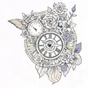 a clock with an arrangement of flowers and an eye from Egypt with feminine features tattoo design idea