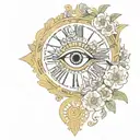 a clock with an arrangement of flowers and an eye from Egypt with feminine features tattoo design idea