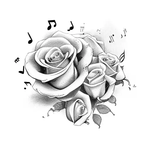 open antique book with music note stemmed roses rising out of the antique book tattoo design idea
