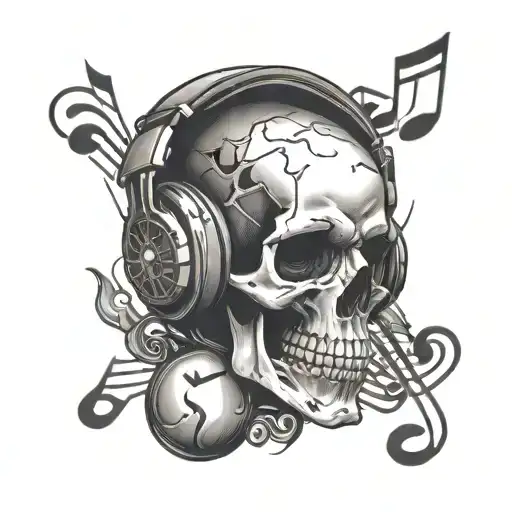 skull wearing headphones surrounded by musical notes tattoo design idea