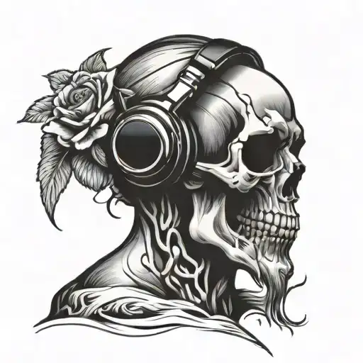 skull wearing headphones tattoo design idea