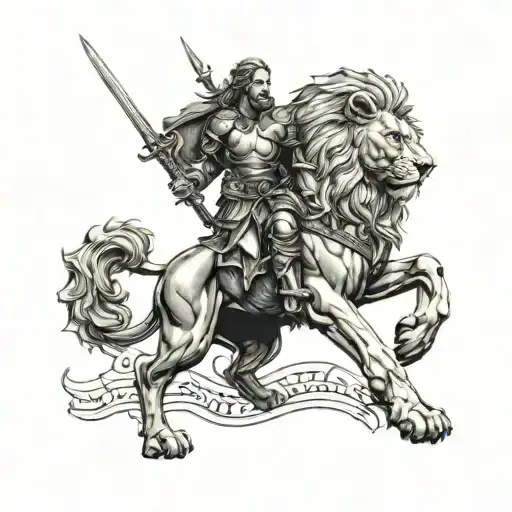 a weary warrior knight standing in front of a fierce lion tattoo design idea