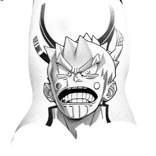 Design a fusion of iconic scenes from Jujutsu Kaisen, Naruto, One Piece, and Dragonball in a cohesive tattoo tattoo design idea