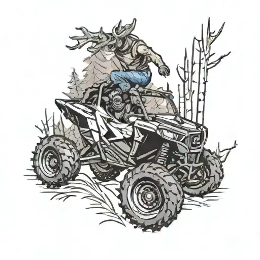 Polaris RZR jumping over a deer in a forest landscape tattoo design idea