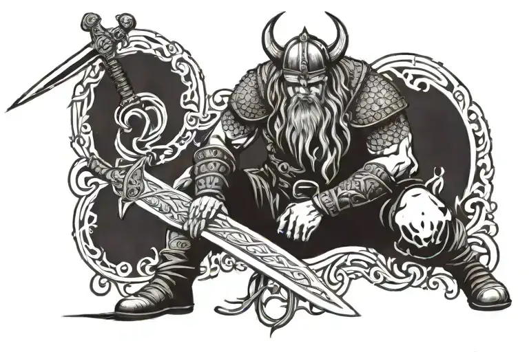 a sword piercing kneeling viking tattoo design idea