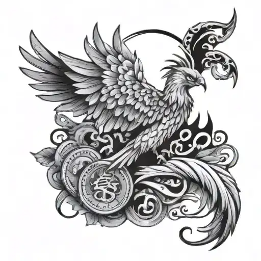 A mystical tattoo of a phoenix rising from a pile of money and surrounded by symbols of authority and wealth tattoo design idea