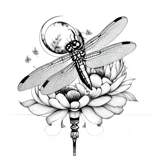 dragonfly with moon and peonies tattoo design idea