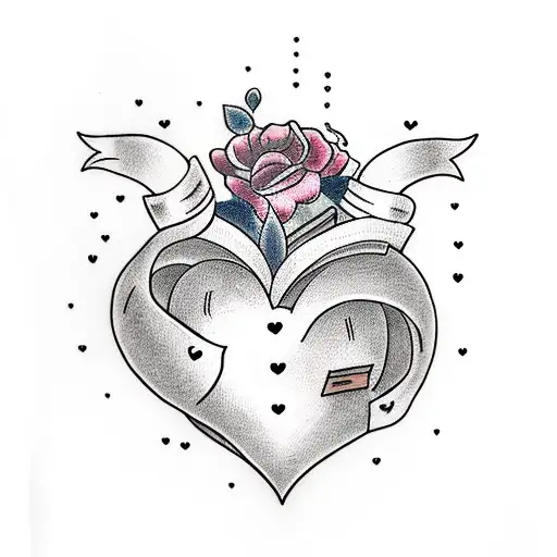 a heart in a person with books, art, music and her boyfriend around, tattoo design idea