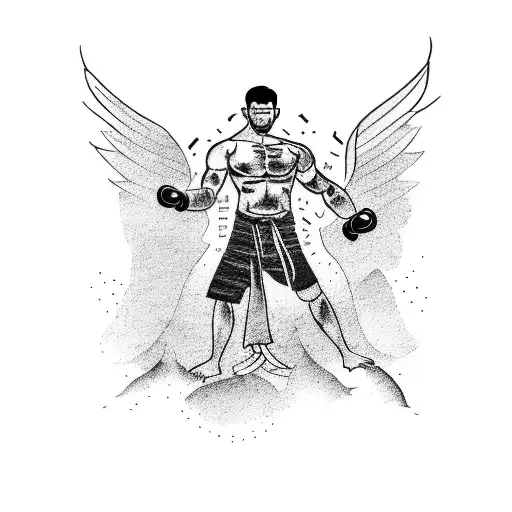 A tattoo design featuring a stack of books with a Muay Thai fighter silhouette standing on top, surrounded by eagles in flight tattoo design idea