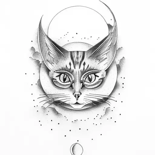cat with moon behind and bat wings tattoo design idea