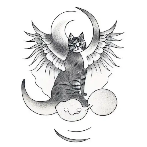 cat with moon behind and wings tattoo design idea